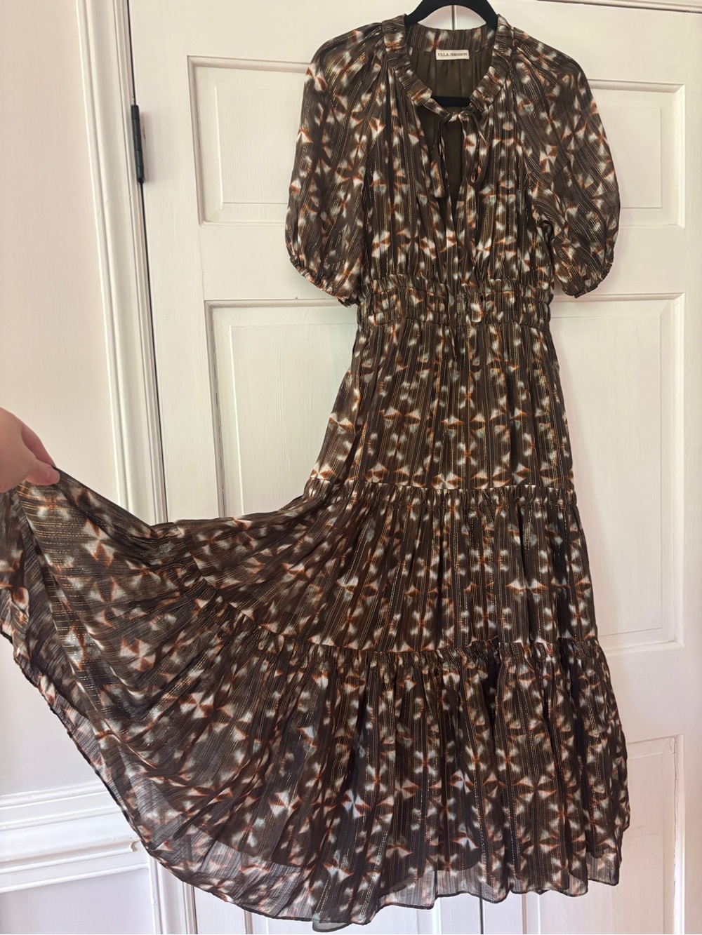 Ulla Johnson Tunis Midi Dress 100% Silk Olive Prism Metallic Puff Sleeve Size 4 - Picture 9 of 16